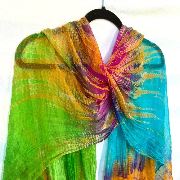 Indian 100% Silk Scarf Sari - Tie-Dye Boho Neon Rainbow Headwrap Headband - Picture 12 of 12